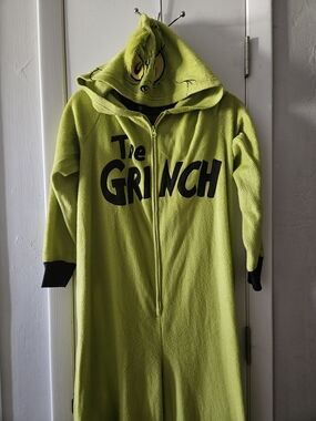Dr. Seuss Bright Lime Grinch Character Zip-Up Hoodie Onsie Adult Large